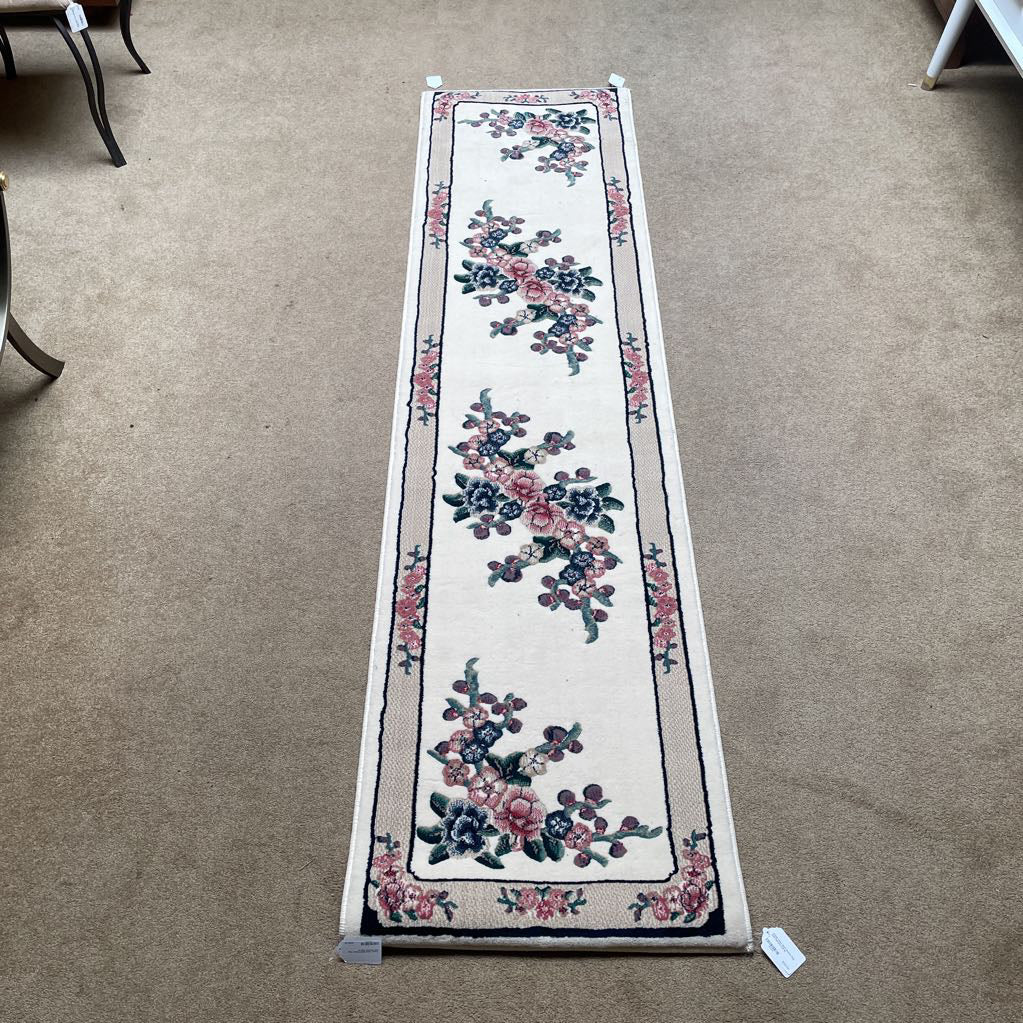 Cream Asian Motif Runner Rug with Flowers 2x8