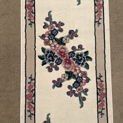 Cream Asian Motif Runner Rug with Flowers 2x8