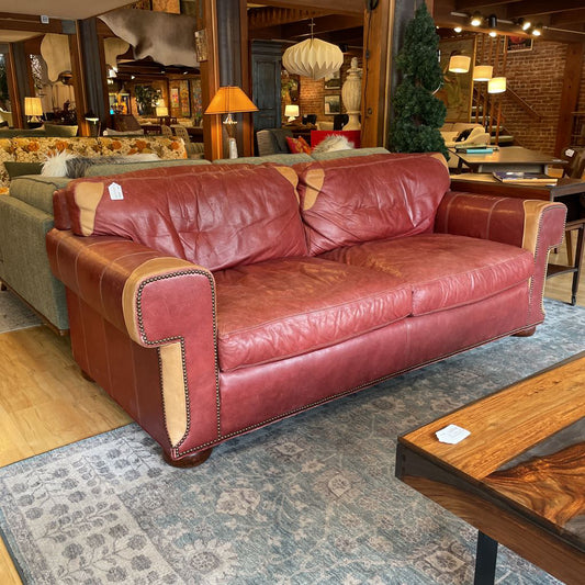 Two-Tone Red Leather Nailhead Sofa