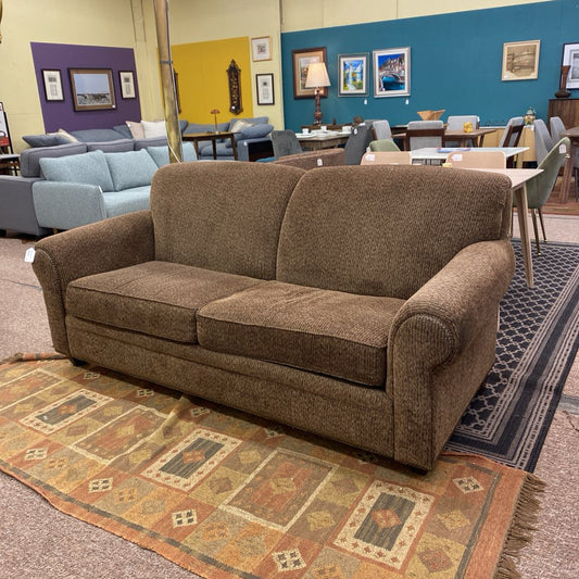 BROYHILL Brown Tweed Nail Head Rolled Arm Sofa