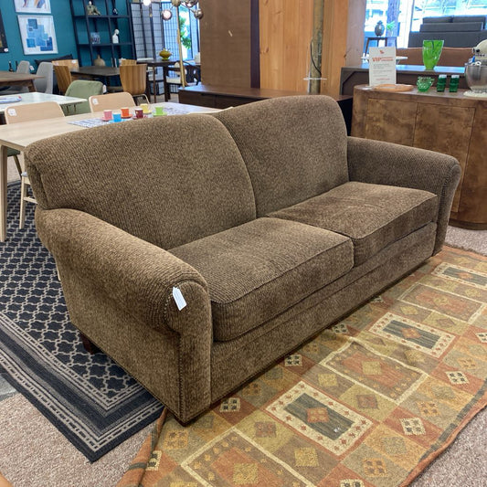BROYHILL Brown Tweed Nail Head Rolled Arm Sofa