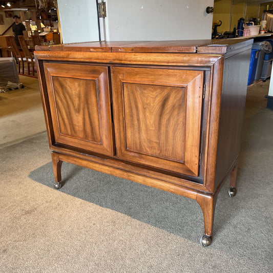 MCM Style Walnut Fold Open Bar Cabinet on Casters