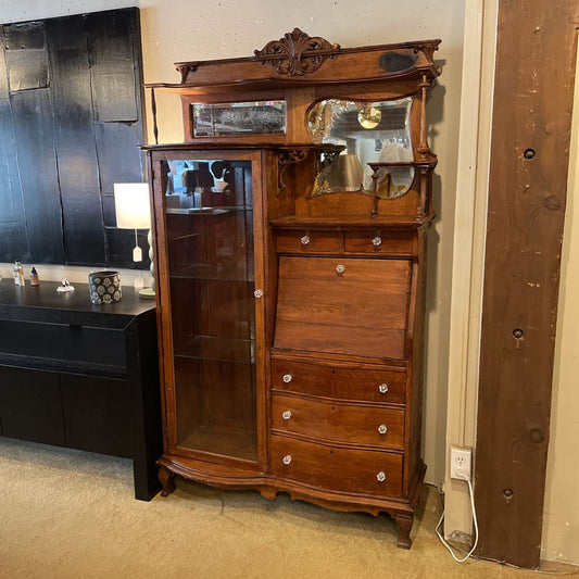 Oak Secretary / Curio Cabinet w/ Top Mirrors & Tiered Shelves
