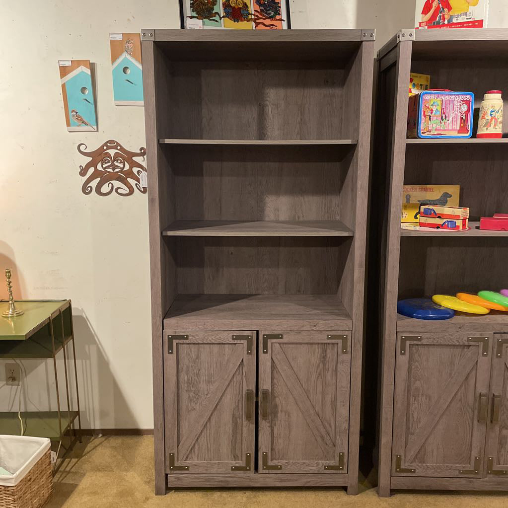 Farmhouse Gray Wash Two Tier Shelf w/ Bottom Cabinet C CABINETS
