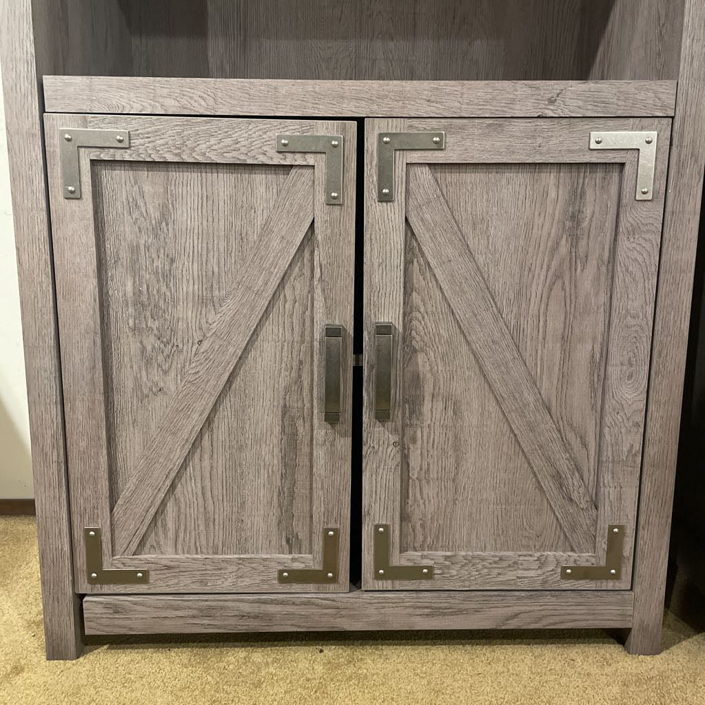 Farmhouse Gray Wash Two Tier Shelf w/ Bottom Cabinet C CABINETS