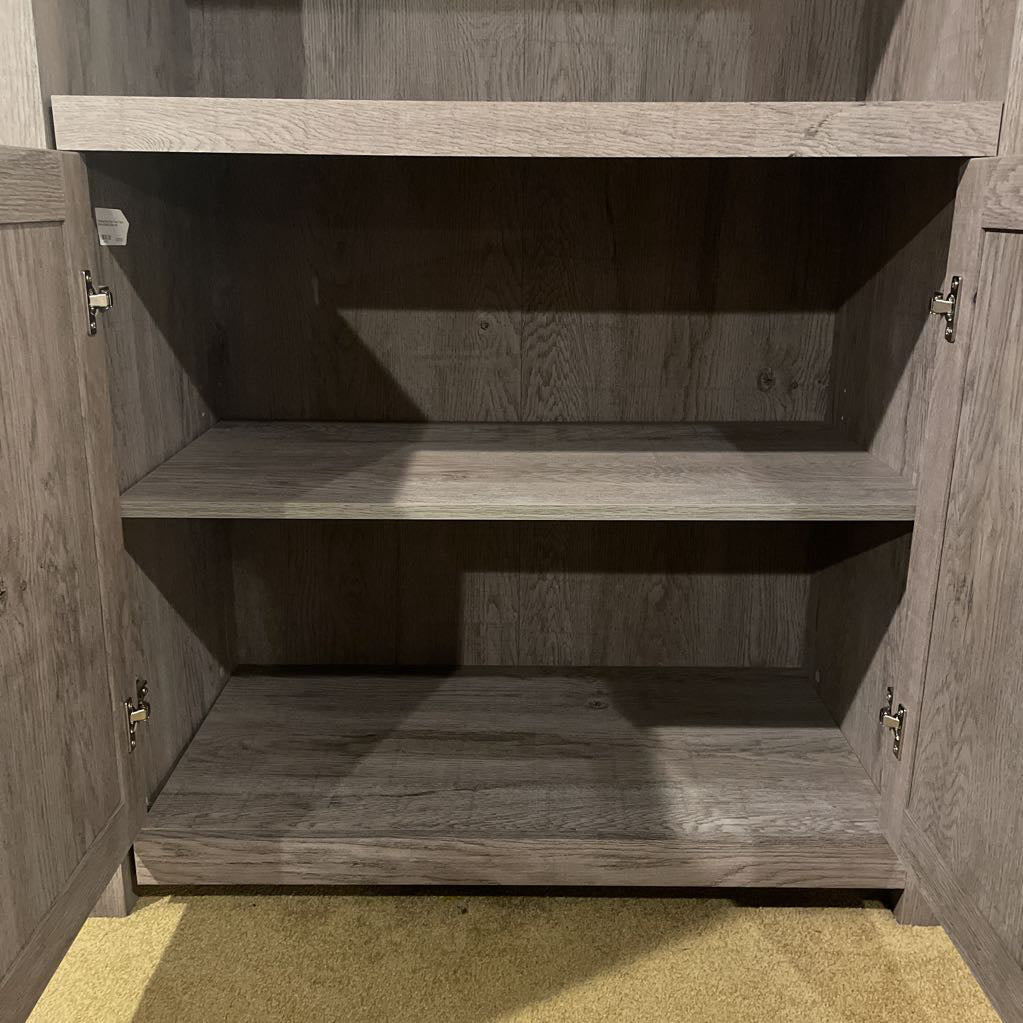 Farmhouse Gray Wash Two Tier Shelf w/ Bottom Cabinet C CABINETS