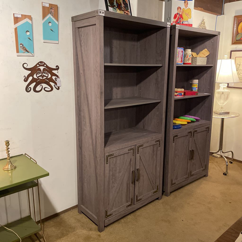 Farmhouse Gray Wash Two Tier Shelf w/ Bottom Cabinet C CABINETS