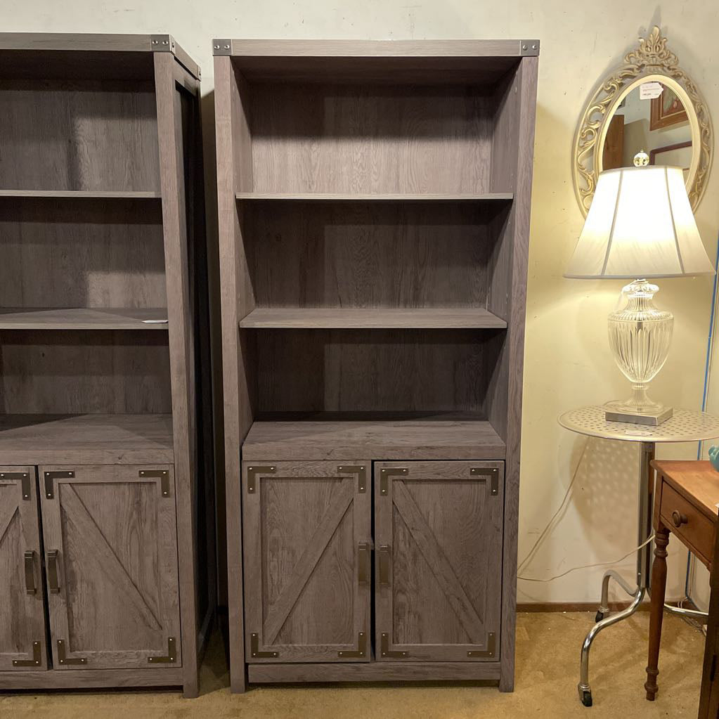 Farmhouse Gray Wash Two Tier Shelf w/ Bottom Cabinet (AS IS) C CABINETS