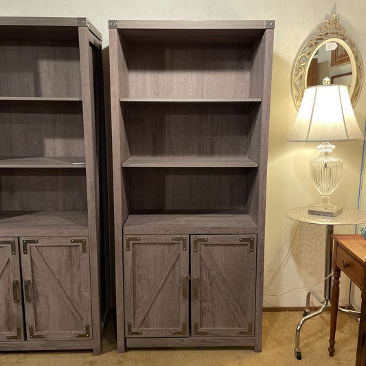 Farmhouse Gray Wash Two Tier Shelf w/ Bottom Cabinet