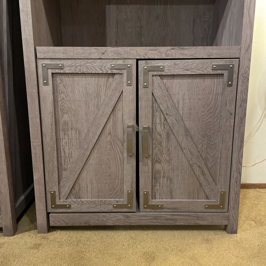 Farmhouse Gray Wash Two Tier Shelf w/ Bottom Cabinet (AS IS) C CABINETS