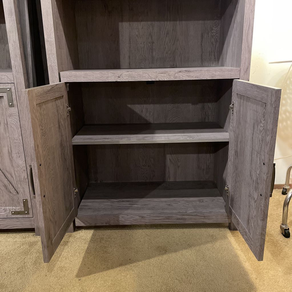 Farmhouse Gray Wash Two Tier Shelf w/ Bottom Cabinet (AS IS) C CABINETS