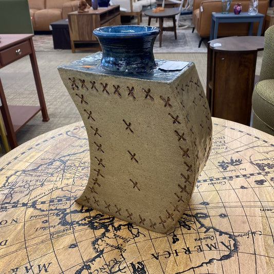 Curved Stoneware Vase w/X Stich Motif