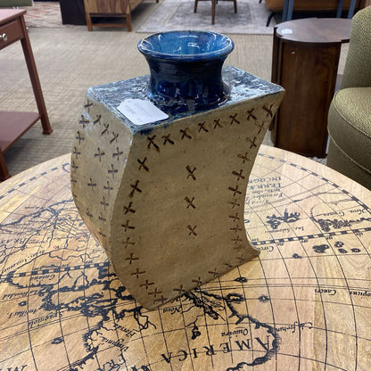 Curved Stoneware Vase w/X Stich Motif