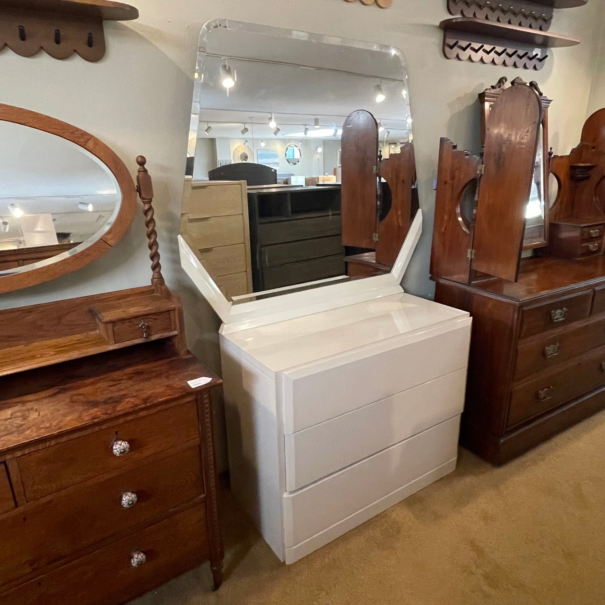 Lane White High Gloss 3 Drawer Dresser with Mirror C HIGHBOYS
