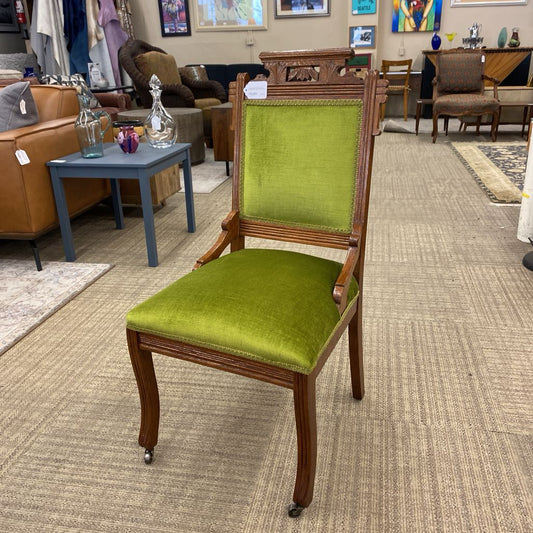 Antique EASTLAKE Avocado Green Fabric Chair w/Casters