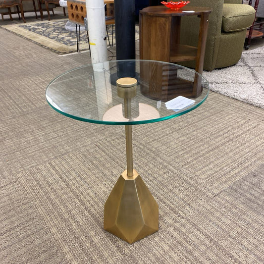 Round Glass Top Geometric Gold Base Side Table