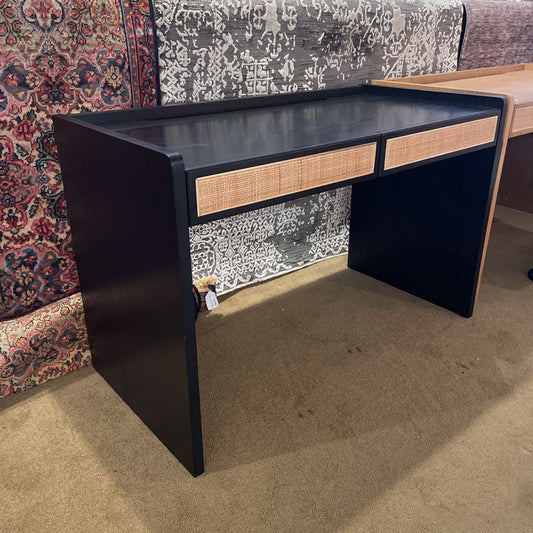 Black Desk w Wicker Inset Drawers AS IS