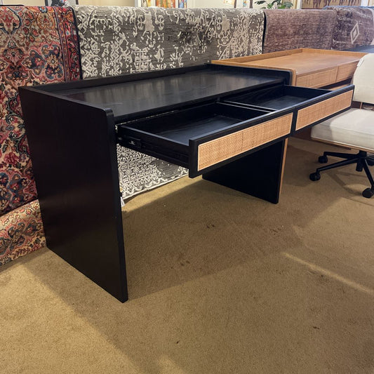 Black Desk w Wicker Inset Drawers AS IS