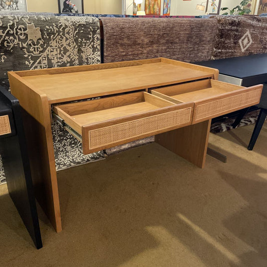 Blonde Desk w Wicker Inset Drawers