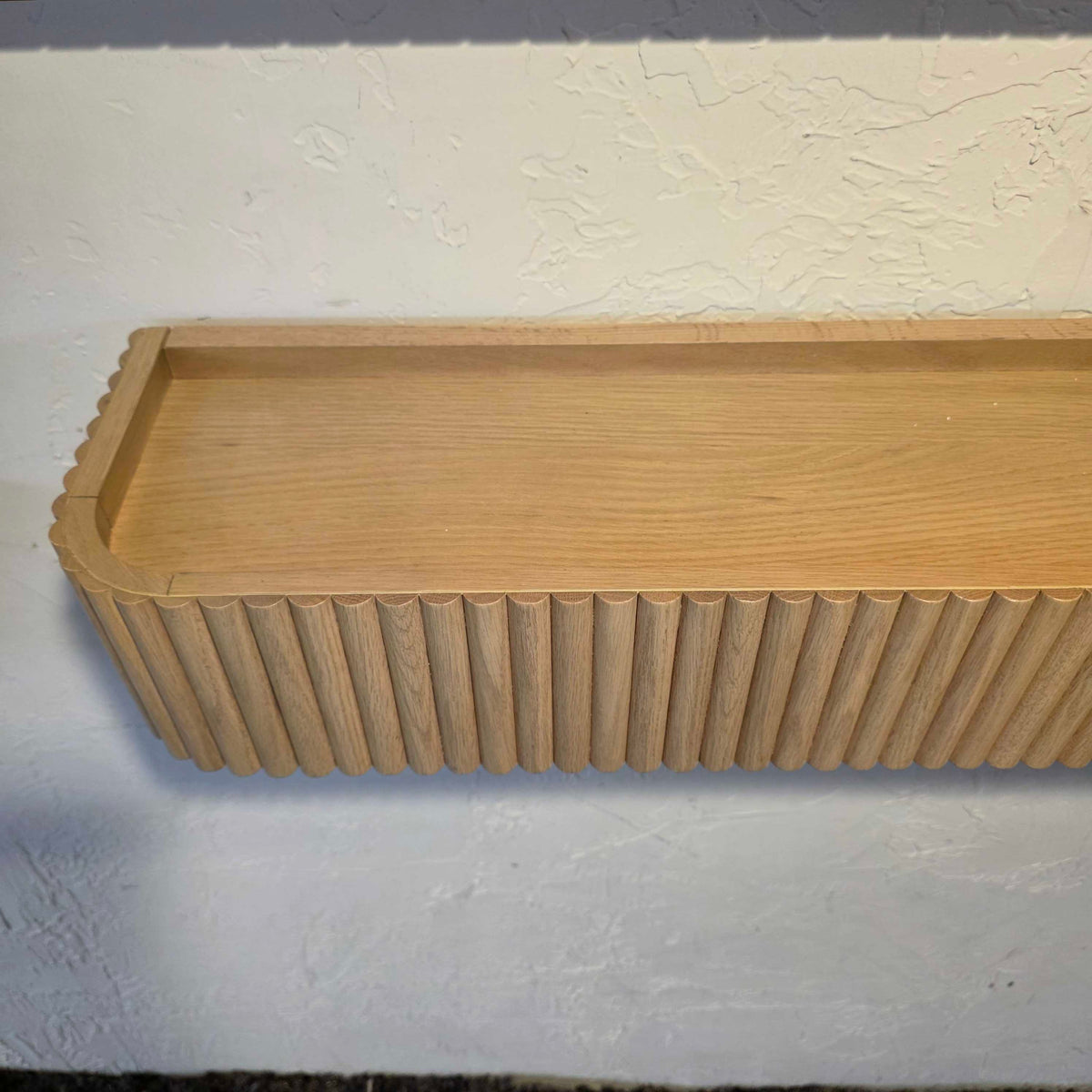 Oak Finish Ribbed Coat Rack w Shelf and Hidden Hooks