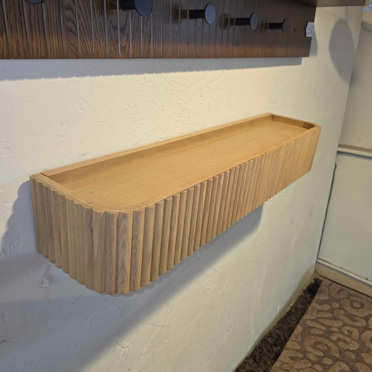 Oak Finish Ribbed Coat Rack w Shelf and Hidden Hooks