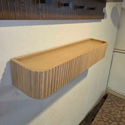 Oak Finish Ribbed Coat Rack w Shelf and Hidden Hooks