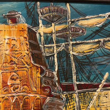 MC Galleon & Castle Art in Rustic Wood Frame
