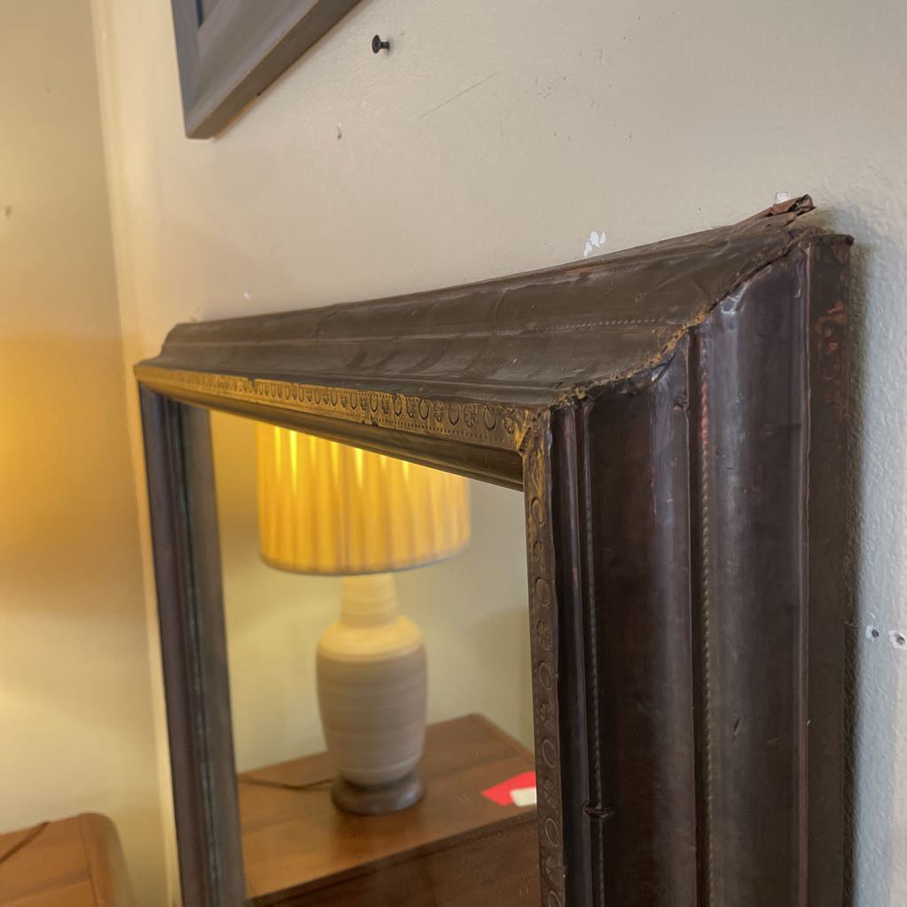 1940 Brass Vintage Mirror w/ Embossed Details (as is) C MIRRORS