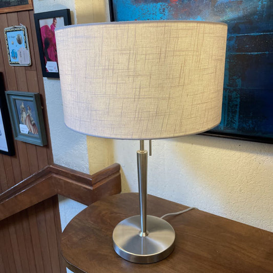 Silver Base & White Barrel Shade Table Lamp LAMPS