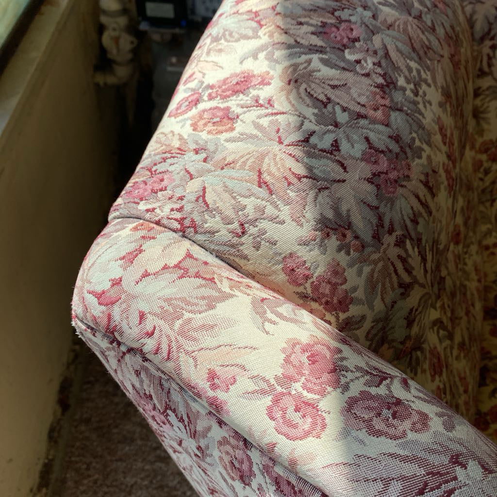 Pink Floral Needlepoint Wingback Chair C COFFEE TABLES