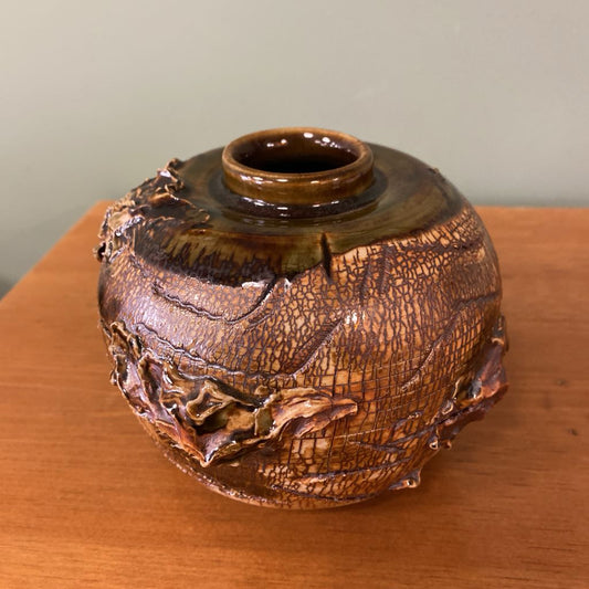 Signed Brown & Green Relief Glaze Pot Vase