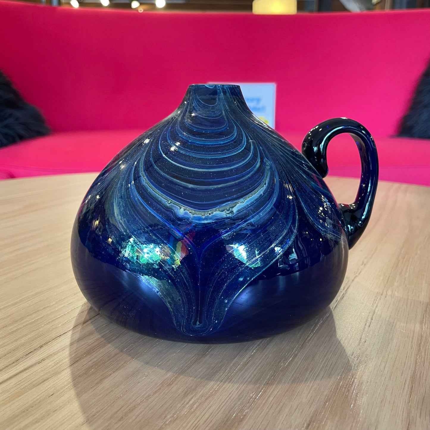 Deep Blue Glass with Swirls Vase with Handle