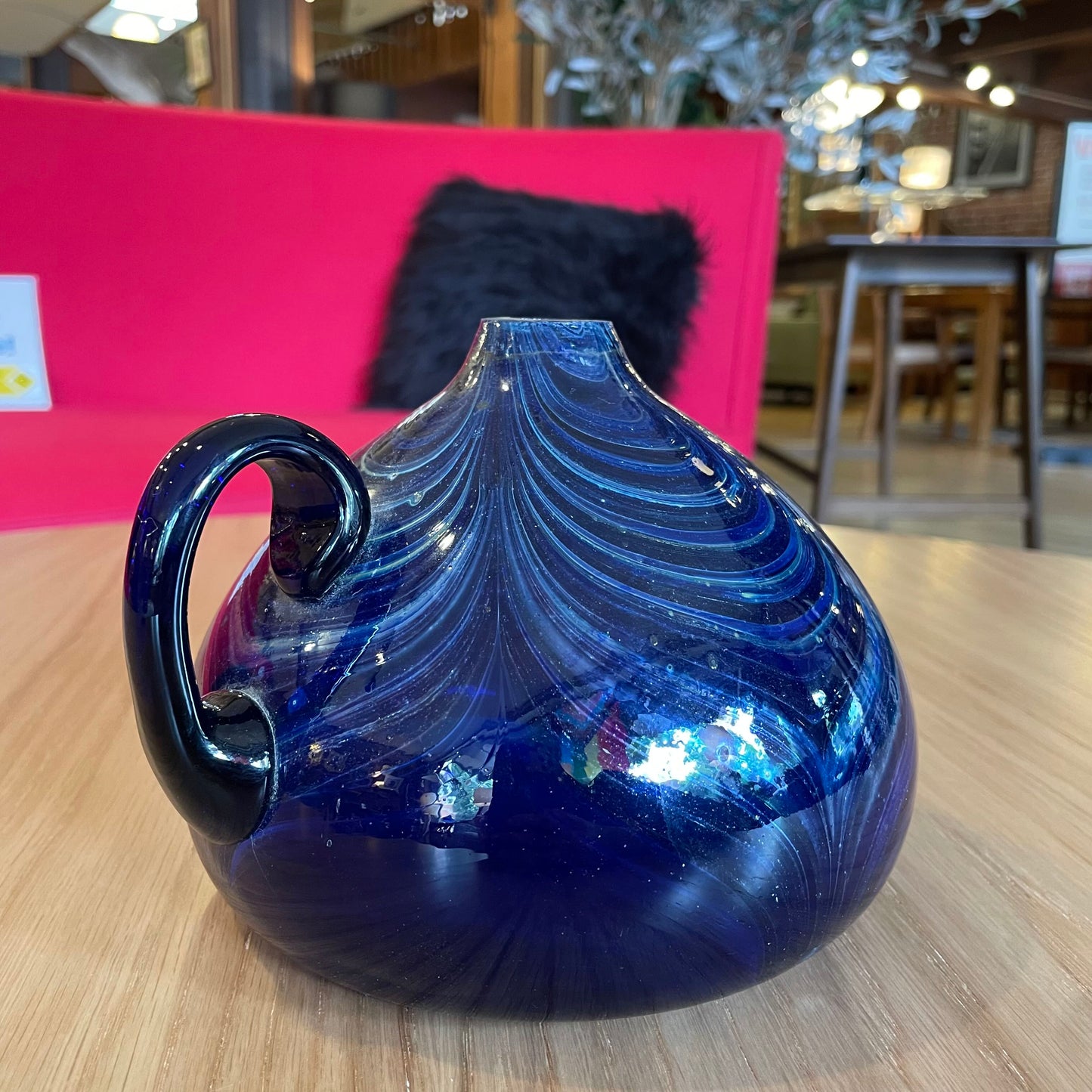 Deep Blue Glass with Swirls Vase with Handle