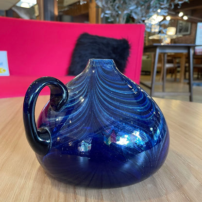 Deep Blue Glass with Swirls Vase with Handle