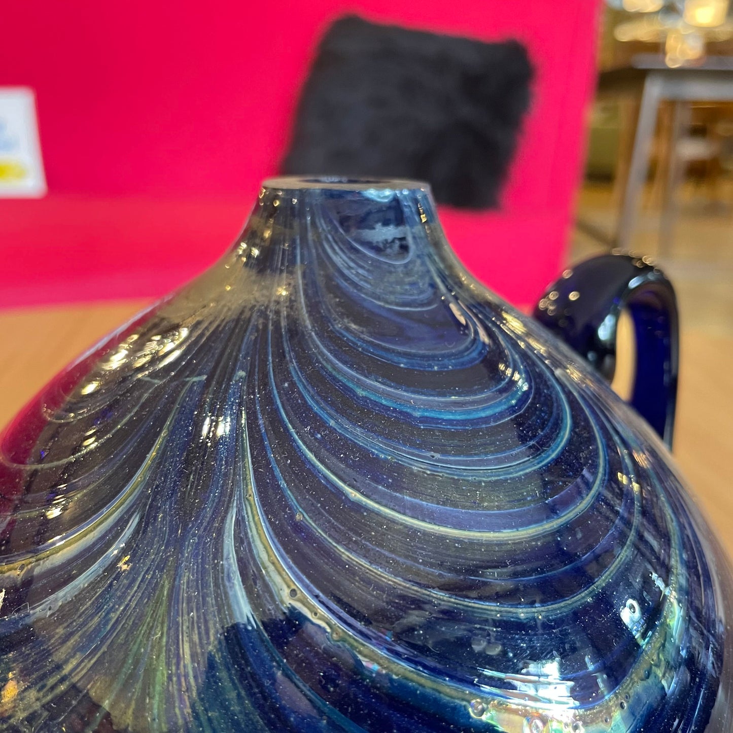 Deep Blue Glass with Swirls Vase with Handle
