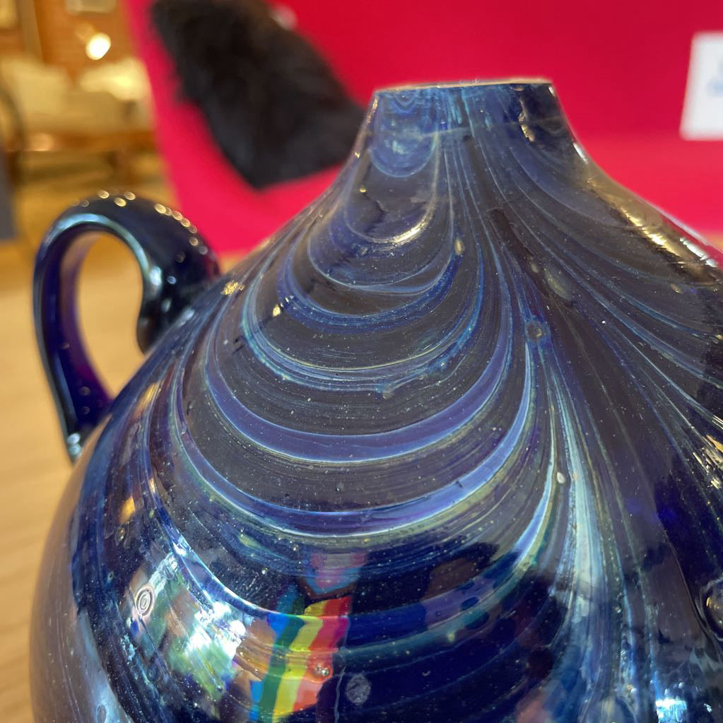 Deep Blue Glass with Swirls Vase with Handle
