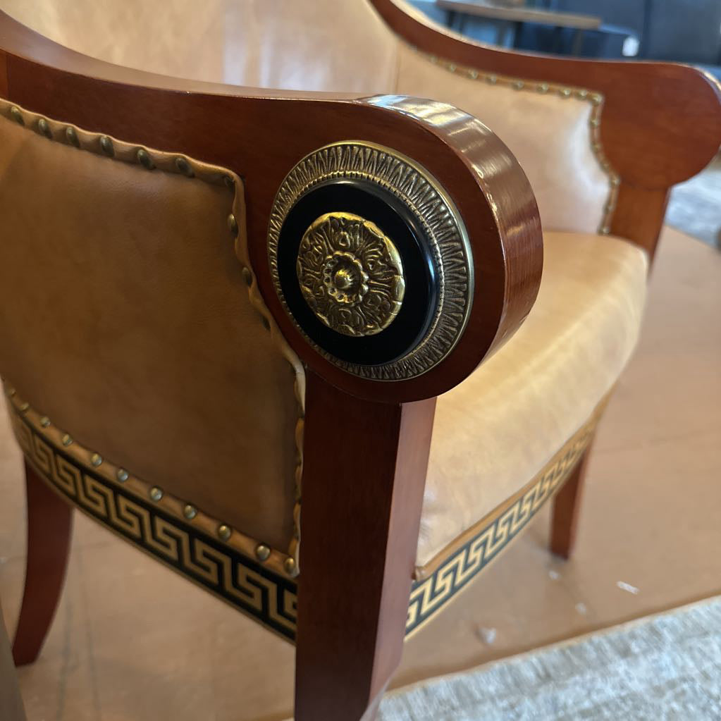 Empire Revival Style Wood & Leather Armchair w/ Bronze Decals U ACCENT CHAIRS