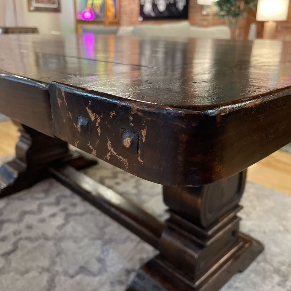 Dark Wood Trestle Dining Table w/ Leaves C DINING TABLES