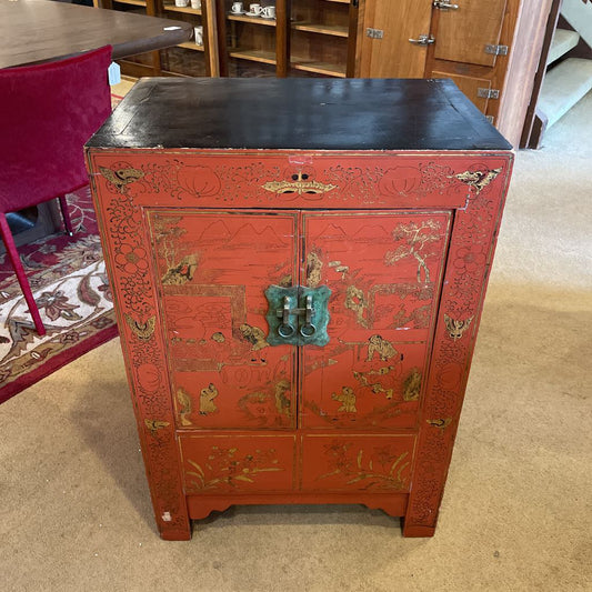 Antique Chinese Red Lacquer Cabinet w/ Brass Hardware