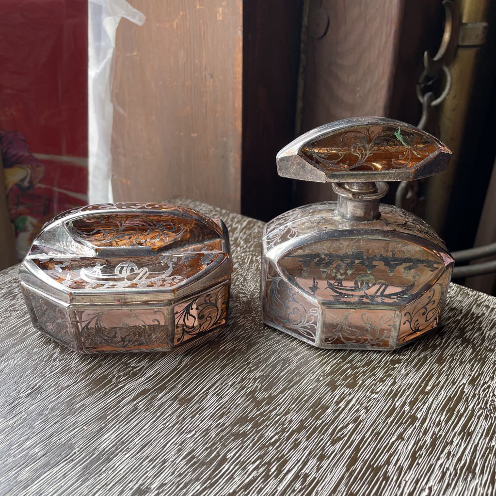 Glass with Silver Overlay Boats and Garlands Design Vanity SET/2 UNIQUE FINDS