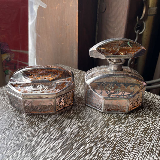 Glass with Silver Overlay Boats and Garlands Design Vanity SET/2 UNIQUE FINDS