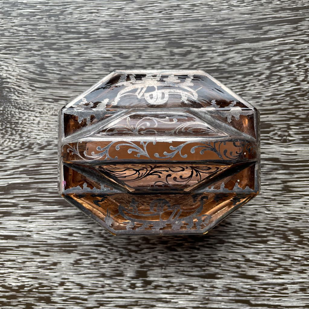Glass with Silver Overlay Boats and Garlands Design Vanity SET/2 UNIQUE FINDS