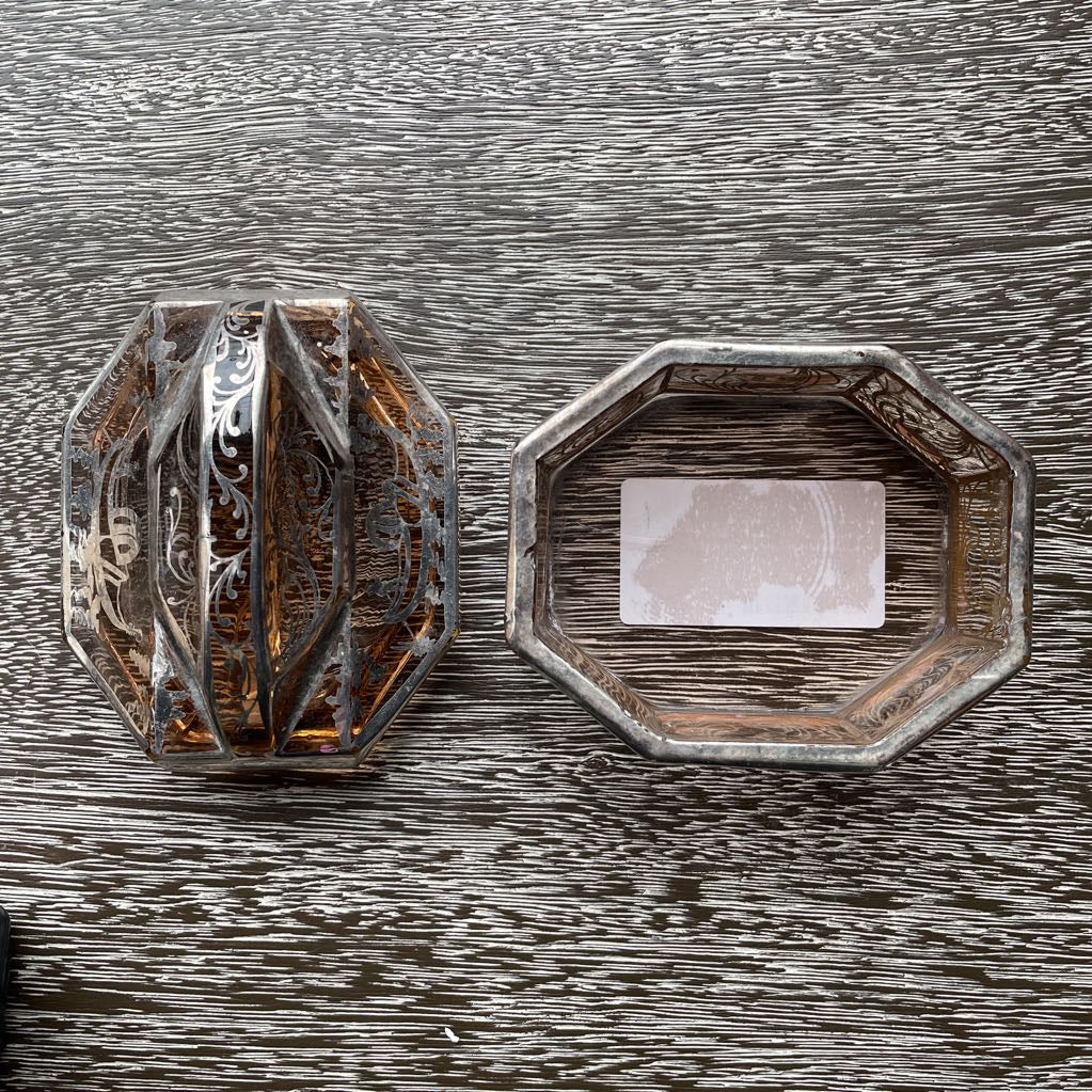 Glass with Silver Overlay Boats and Garlands Design Vanity SET/2 UNIQUE FINDS