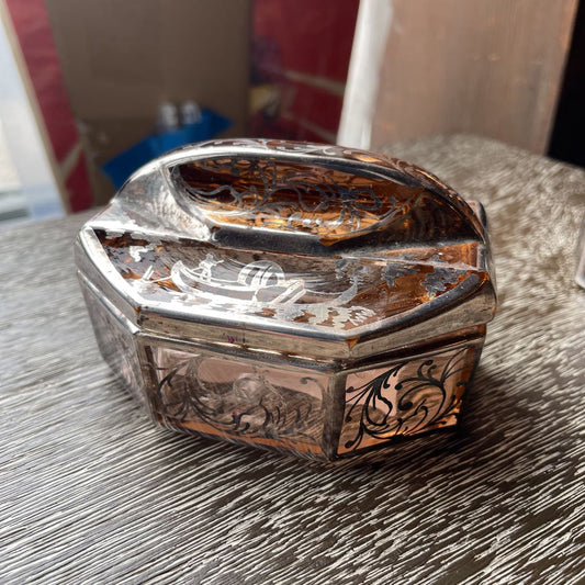 Glass with Silver Overlay Boats and Garlands Design Vanity SET/2 UNIQUE FINDS
