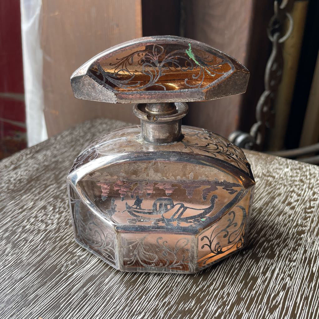 Glass with Silver Overlay Boats and Garlands Design Vanity SET/2 UNIQUE FINDS