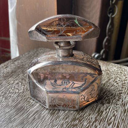Glass with Silver Overlay Boats and Garlands Design Vanity SET/2 UNIQUE FINDS