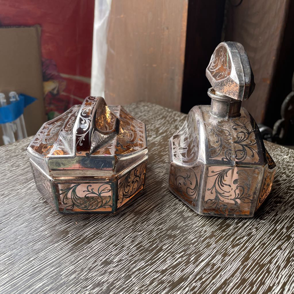 Glass with Silver Overlay Boats and Garlands Design Vanity SET/2 UNIQUE FINDS