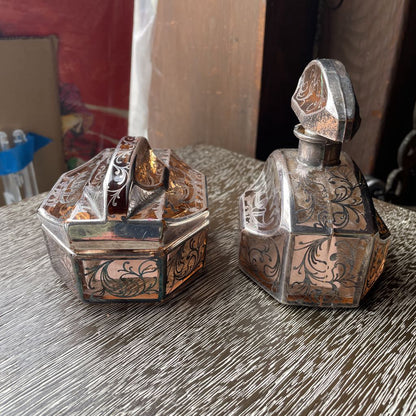 Glass with Silver Overlay Boats and Garlands Design Vanity SET/2 UNIQUE FINDS