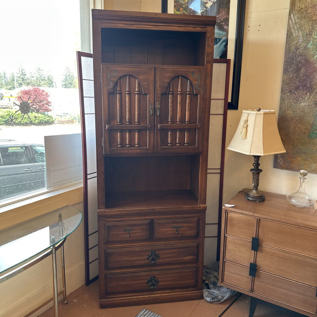 Vintage Tall Oak Spanish Hutch w/ Drawers C CABINETS