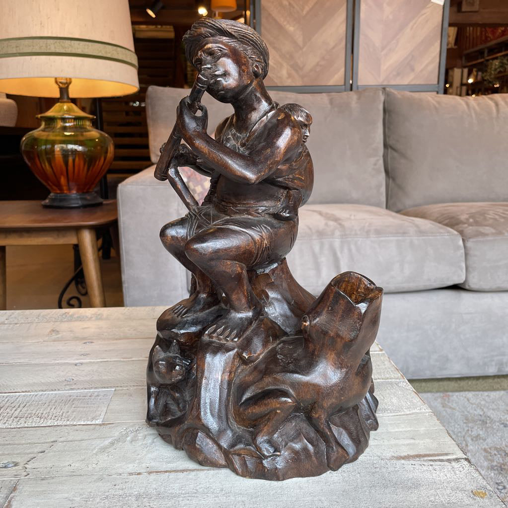 Carved Wood Statue of Woman Flautist with Child & Dog Statue